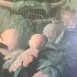Bouquet of flowers and fruits on table, composition on canvas 100x120