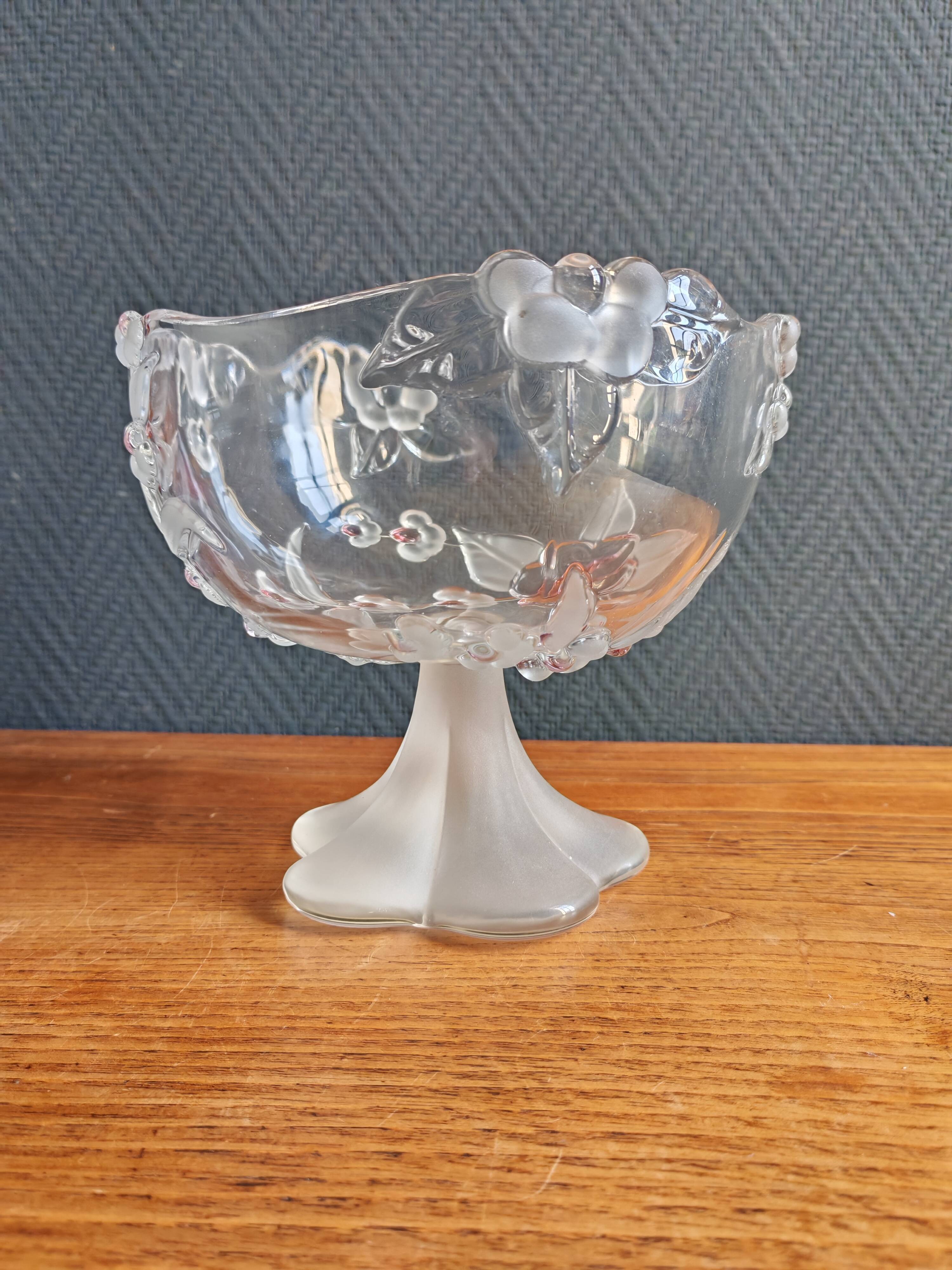 Vintage Frosted Glass Footed Bowl – Relief Decor of Pink Flowers