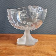 Vintage Frosted Glass Footed Bowl – Relief Decor of Pink Flowers
