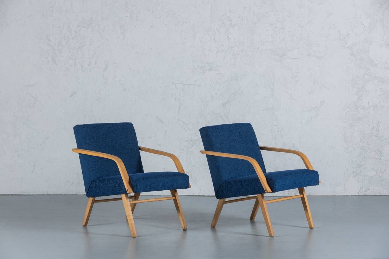 Vintage oak and blue fabric armchairs, Hungary, 1970s, set of 2