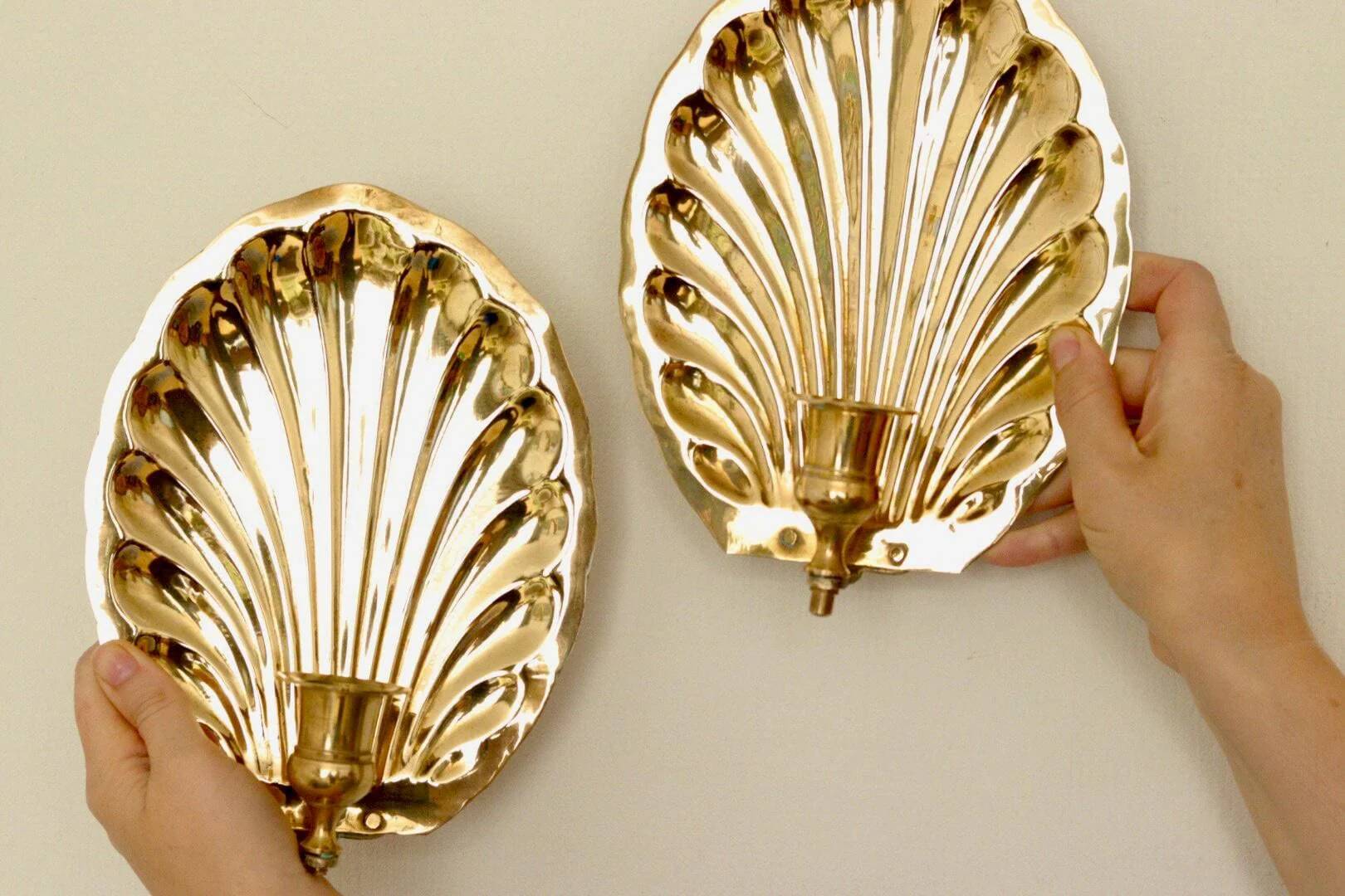 Pair of vintage brass shell scallop sconces