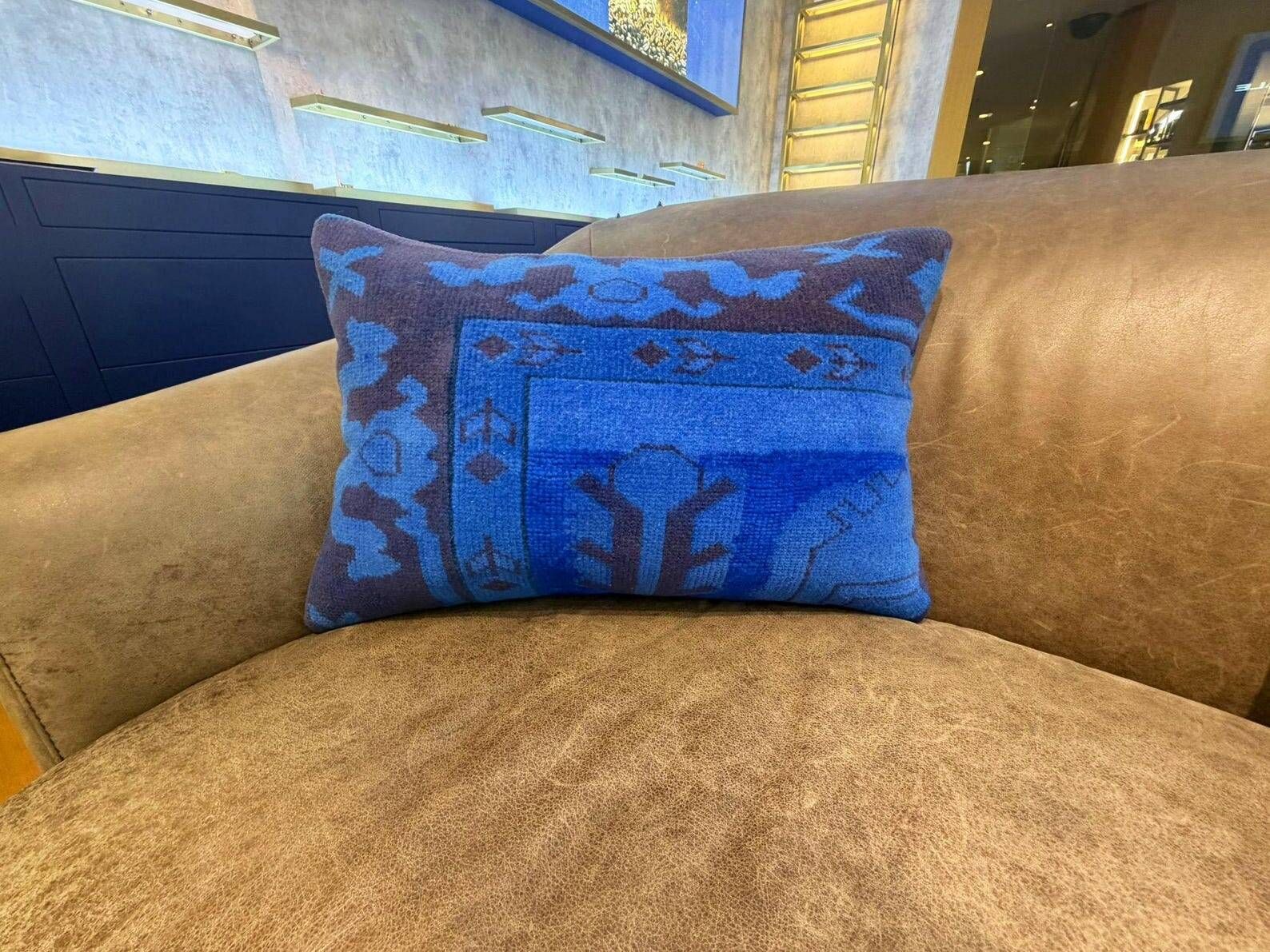 Vintage Turkish Wool Lumbar Pillow, Handmade Blue Geometric Rug Cushion