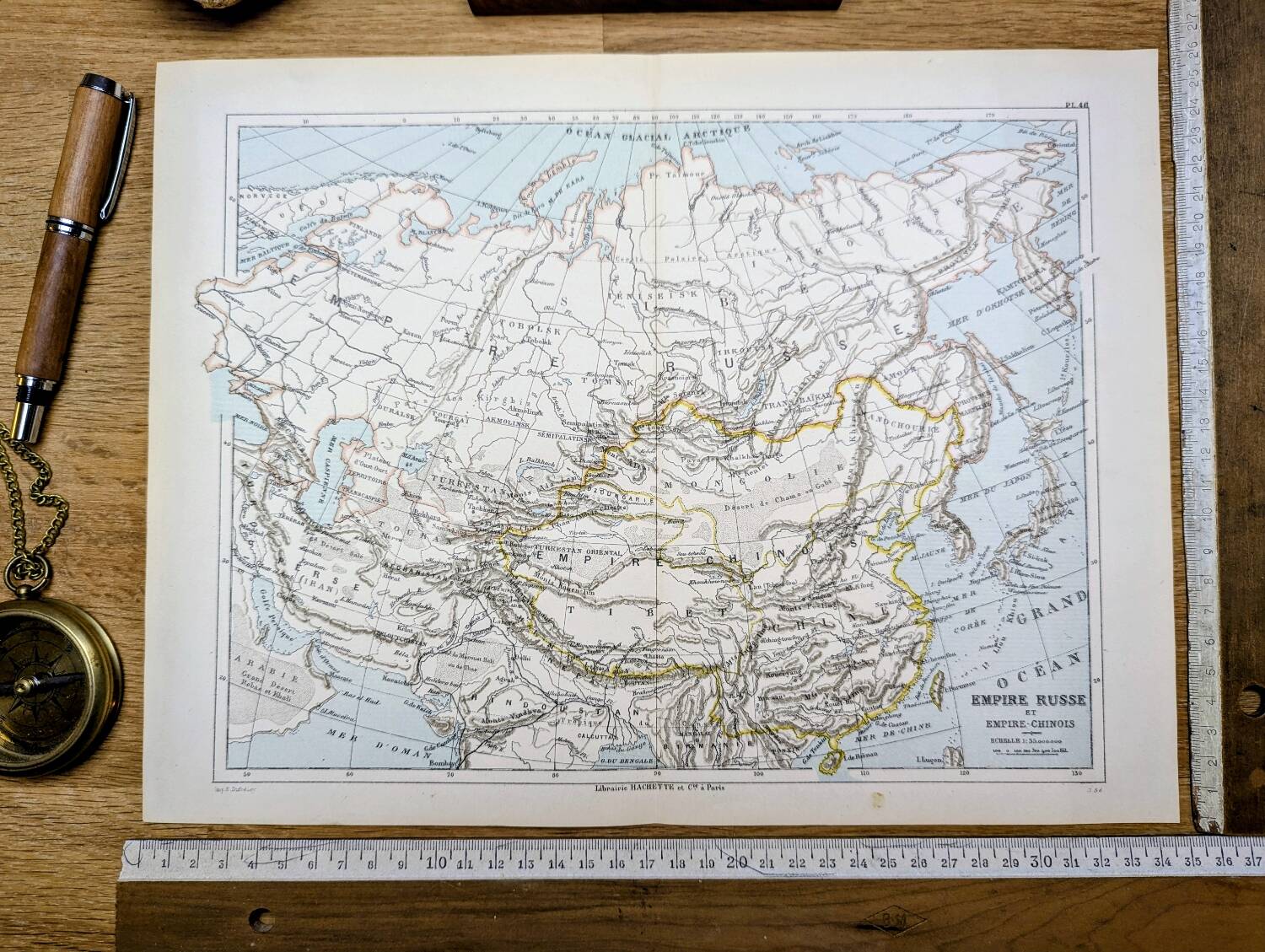 Russian and Chinese Empires, period map, 1887, Authentic.