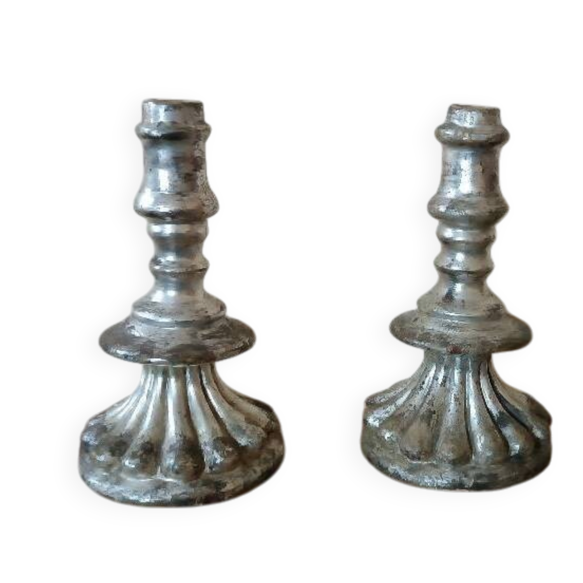Rare pair of antique silvered terracotta candlesticks from the 17th century.