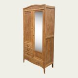 Parisian hotel wardrobe with bevelled mirror, solid raw oak, 1920.