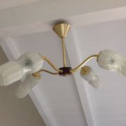 Four-burner chandelier in brass and two-tone glass Scandinavian style / vintage 60s-70s