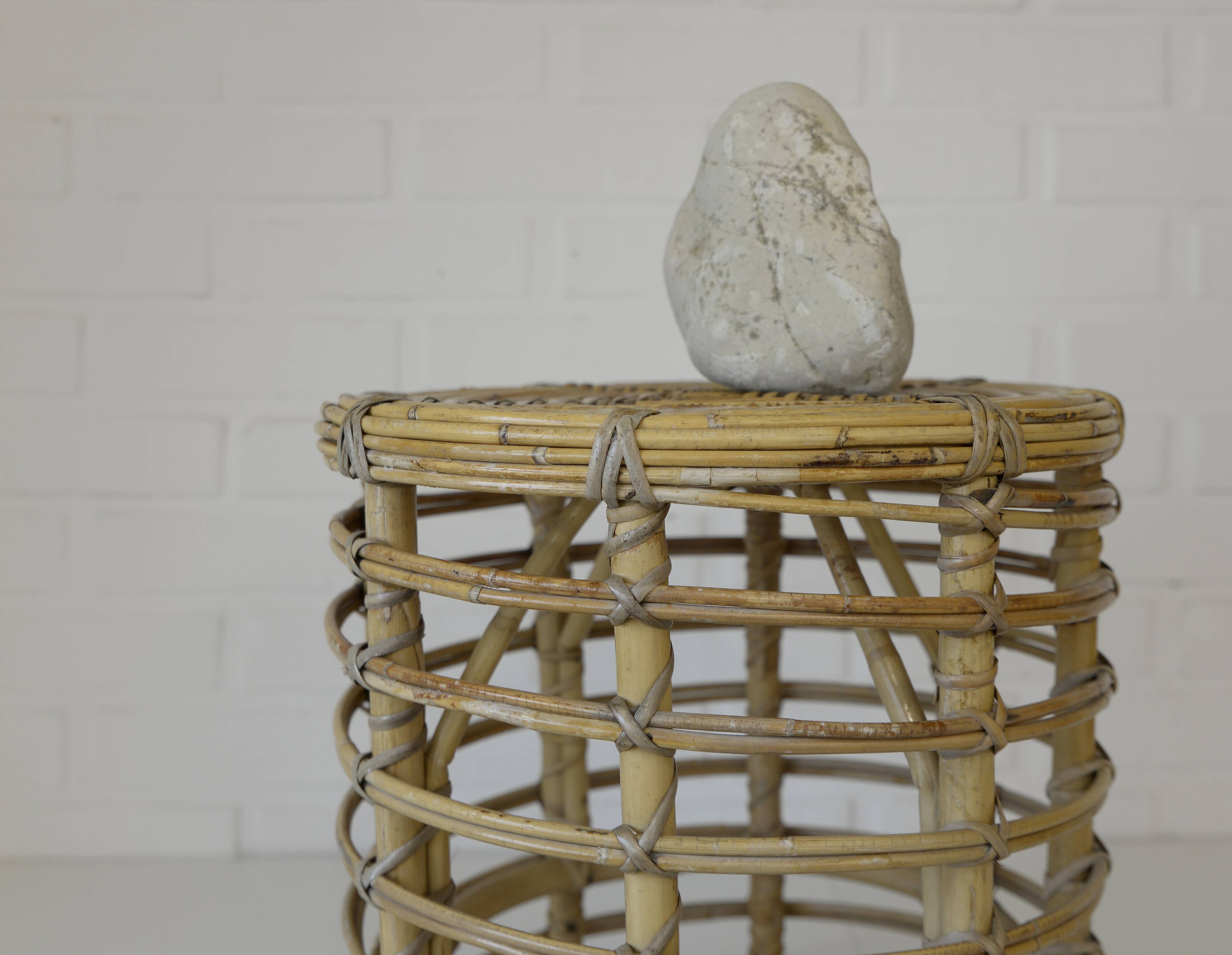 Vintage bamboo stool rattan plant stand mid-century wicker side table
