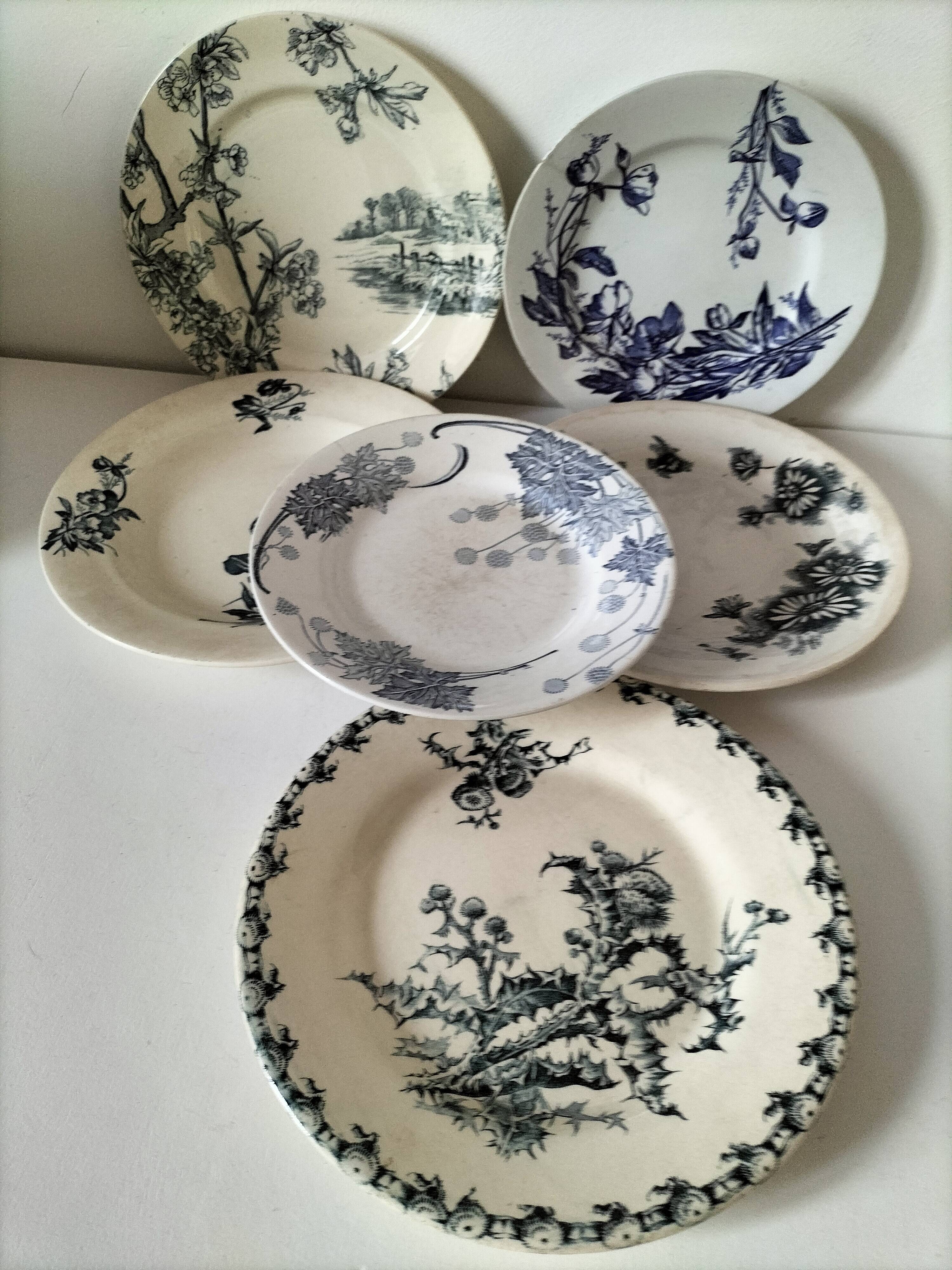 Set of 6 ironstone plates in shades of blue, late 19th to early 20th century.