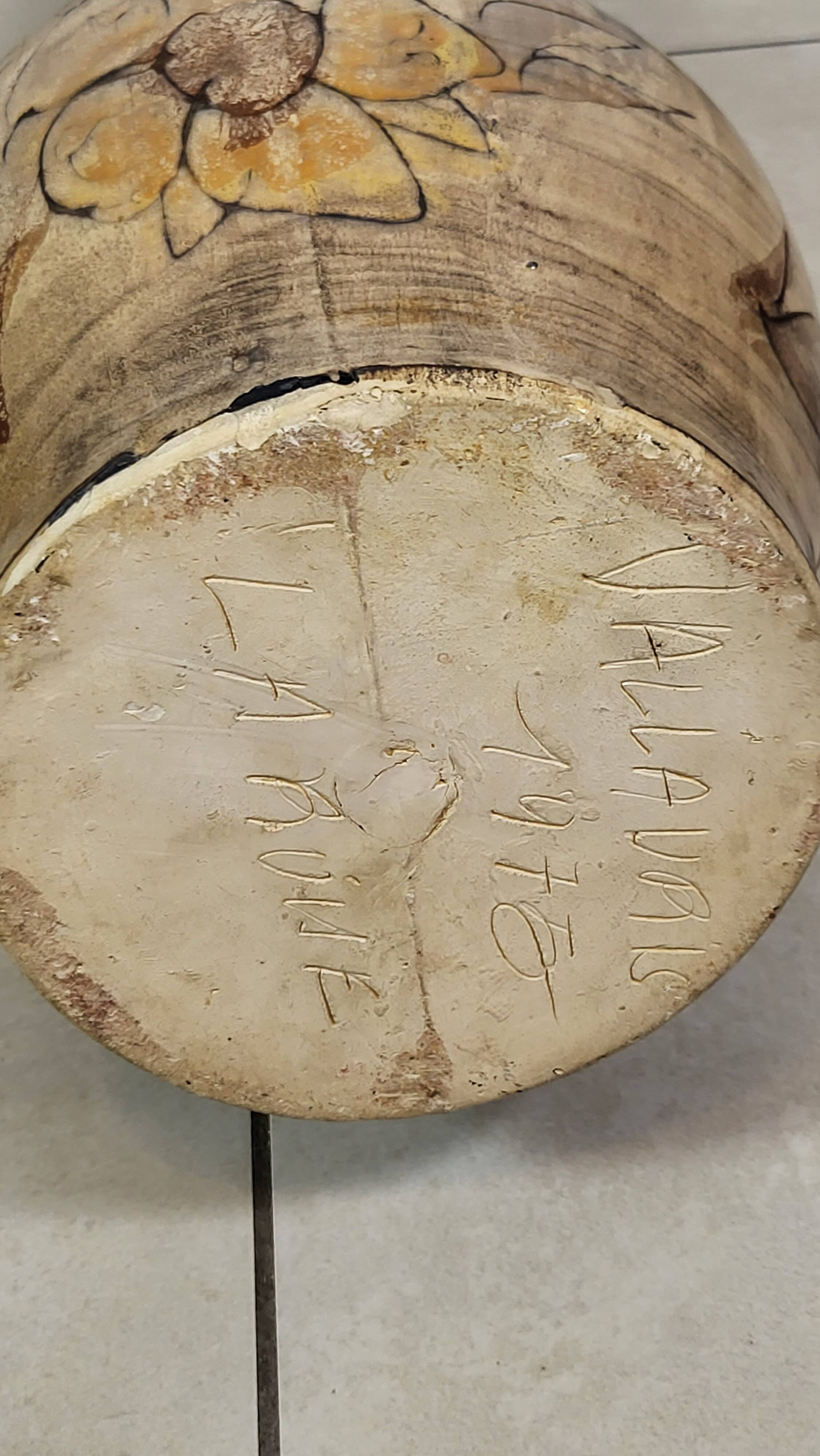 Large La Roue Vallauris ceramic vase, French, beige flower decor, 1975