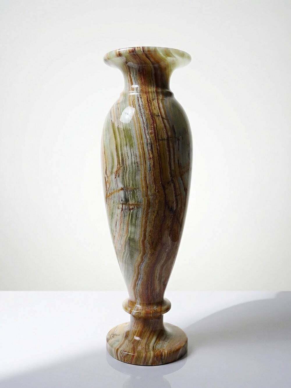 Vintage baluster vase in green striped onyx, Italy, mid-century.