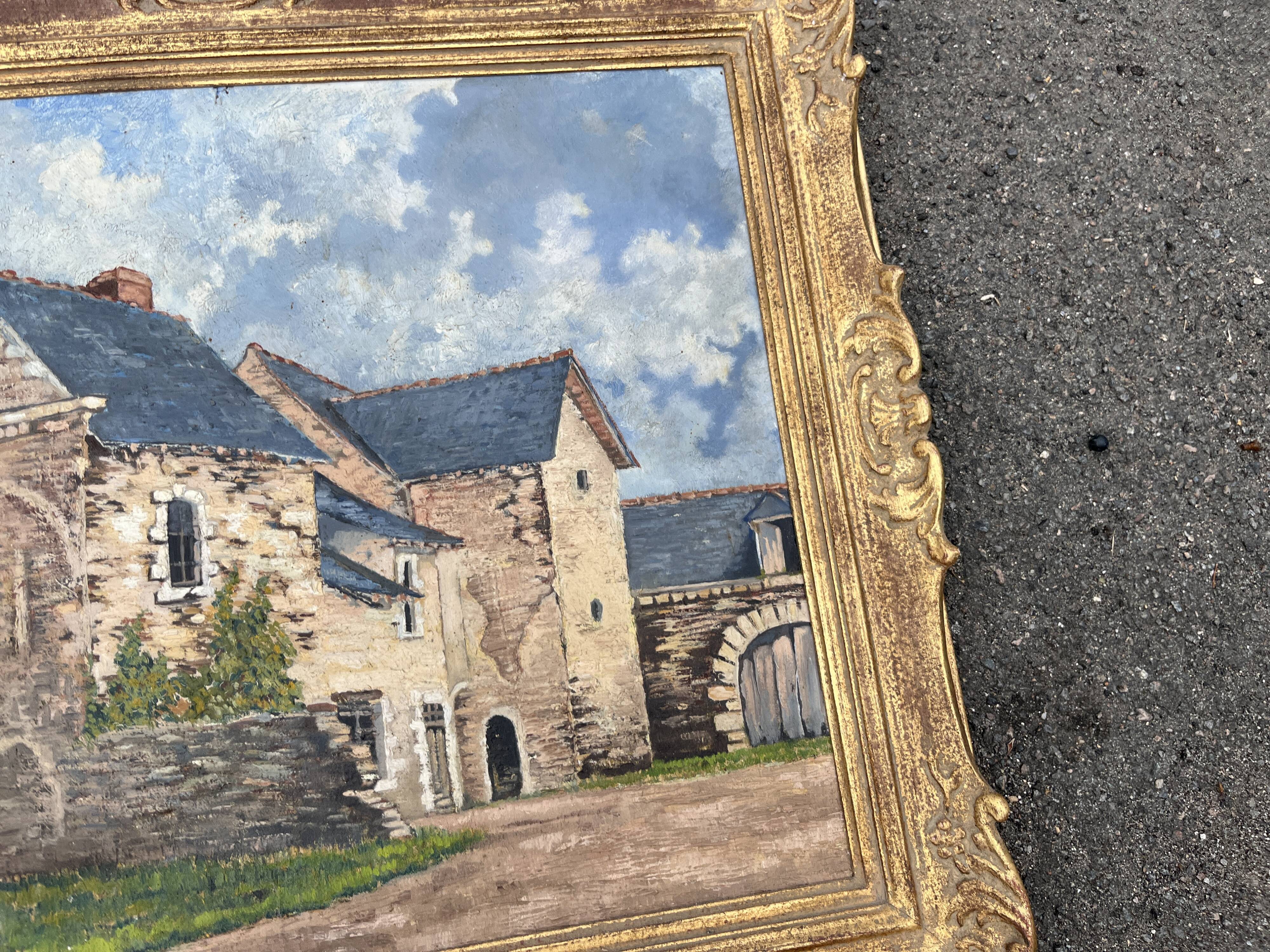 Oil painting of a Breton manor signed M. Garnier in a gilded frame - Antique