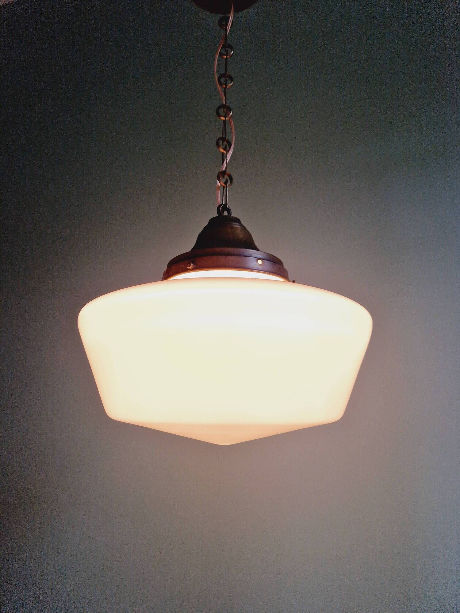 Large Art Deco pendant light in conical white opaline, 1920s-30s