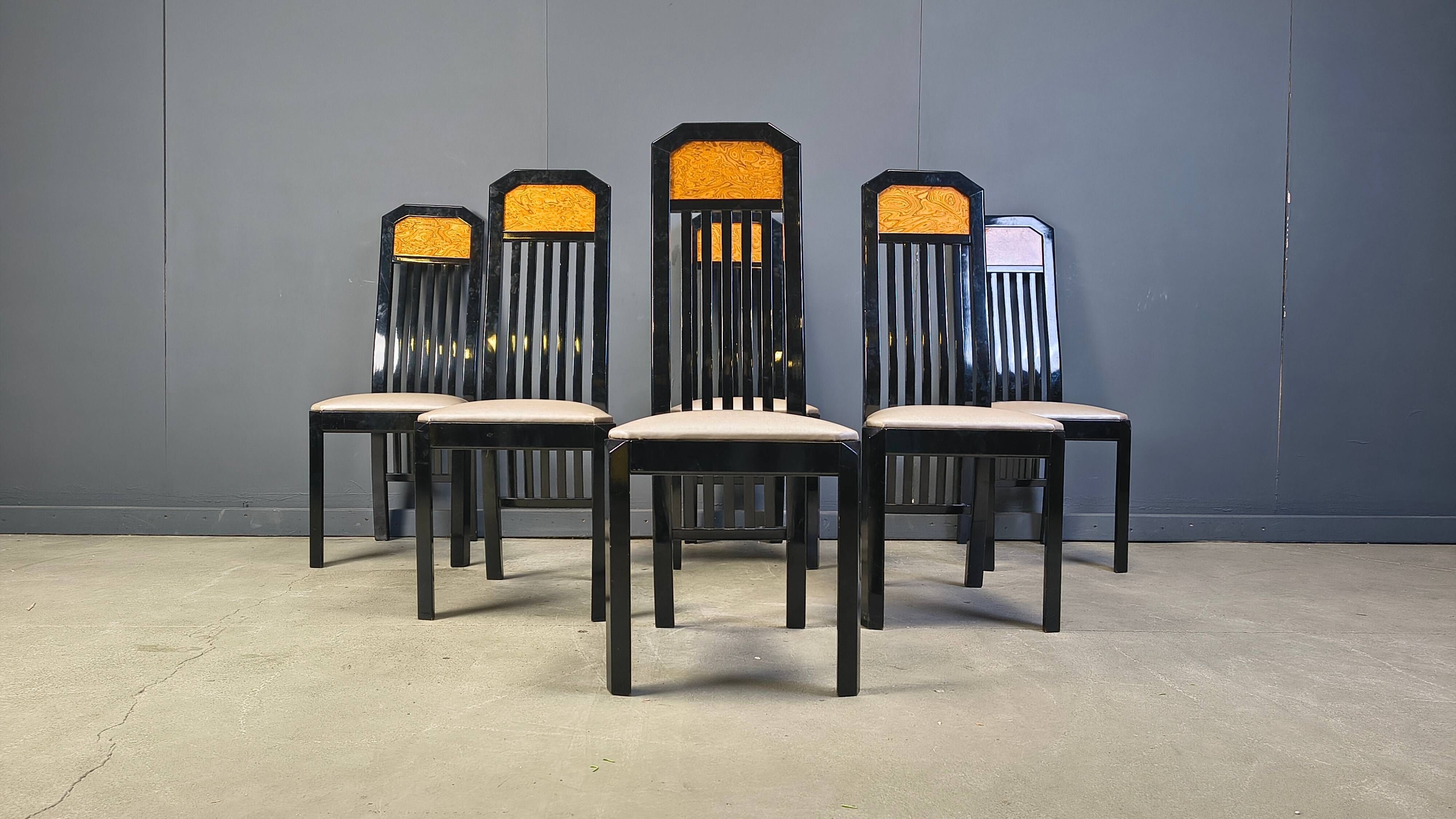 Vintage burl wood and lacquer dining chairs, 1980s