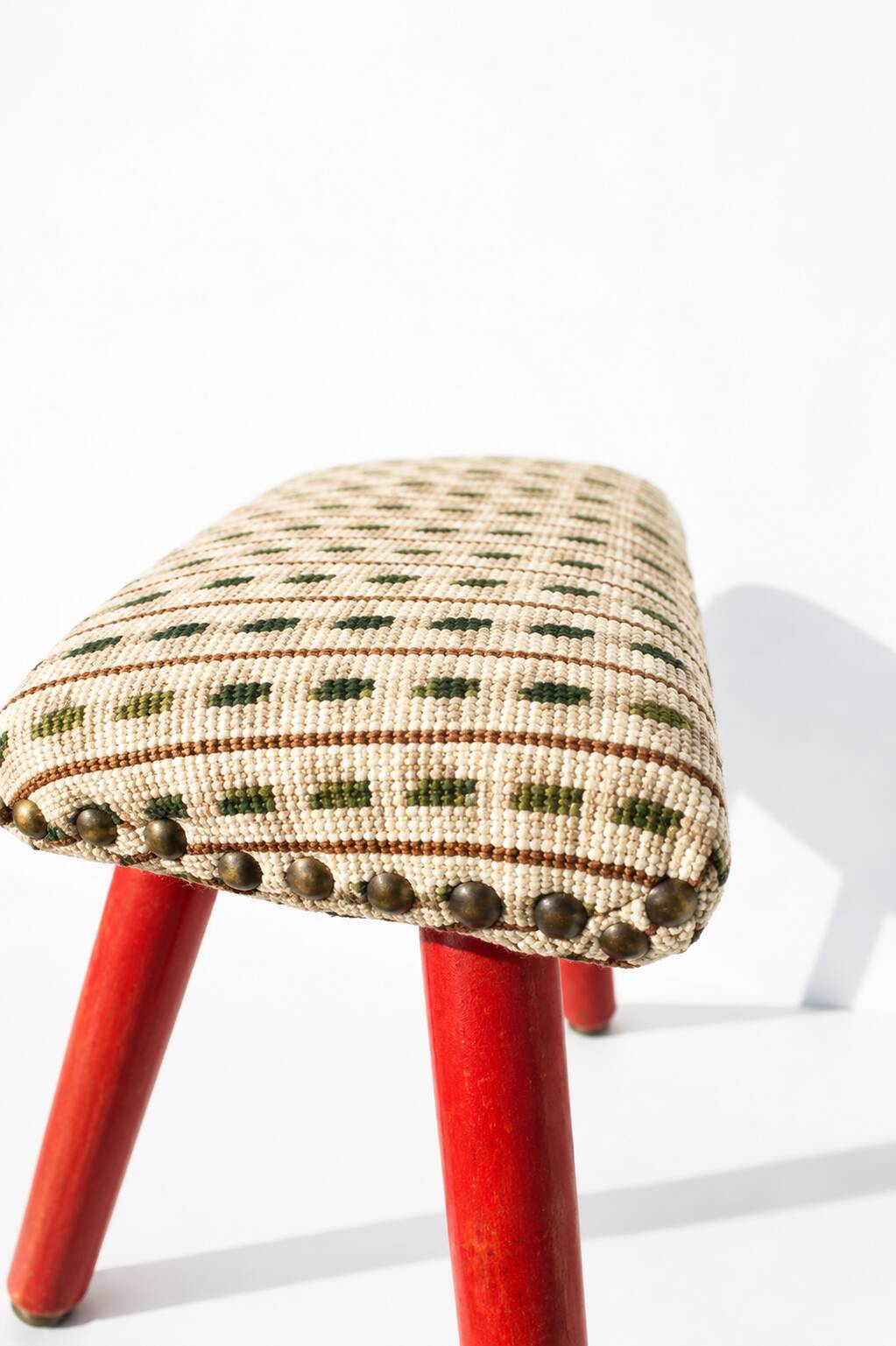 Vintage Tripod Stool Kilim Red Oval Footrest 35cm Firm
