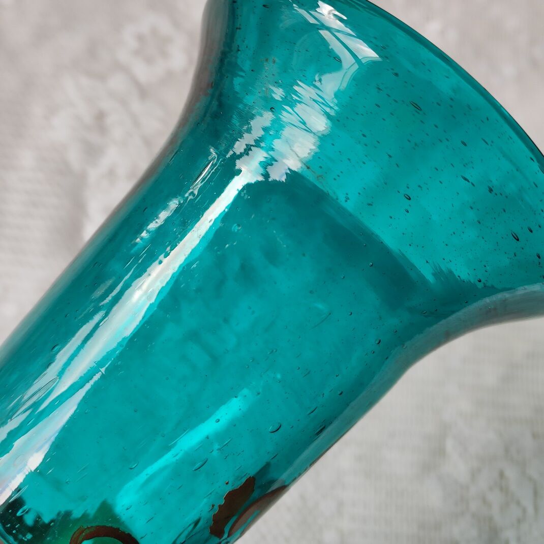 Large art nouveau turquoise blown glass vase