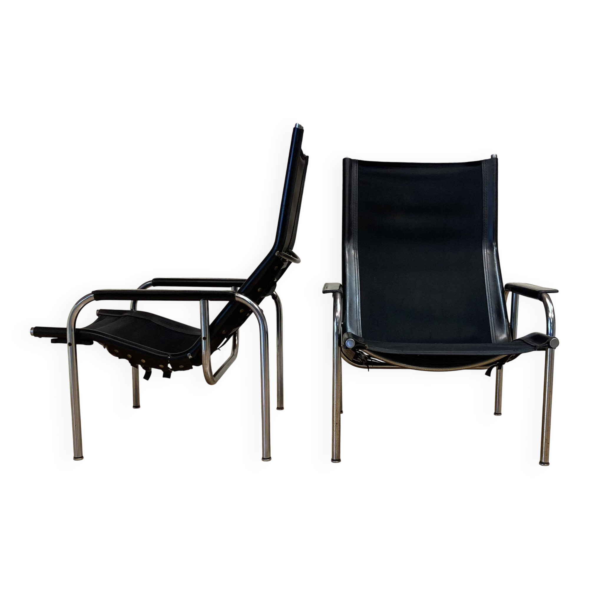 Set of 2 black leather and chrome relax armchairs "hans eichenberger" design