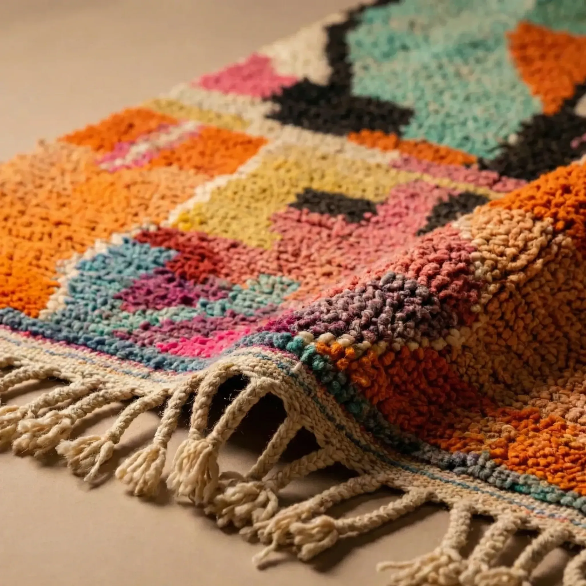 Moroccan handwoven wool rug in colour block peach, pink, teal, and orange, 122x183 cm.