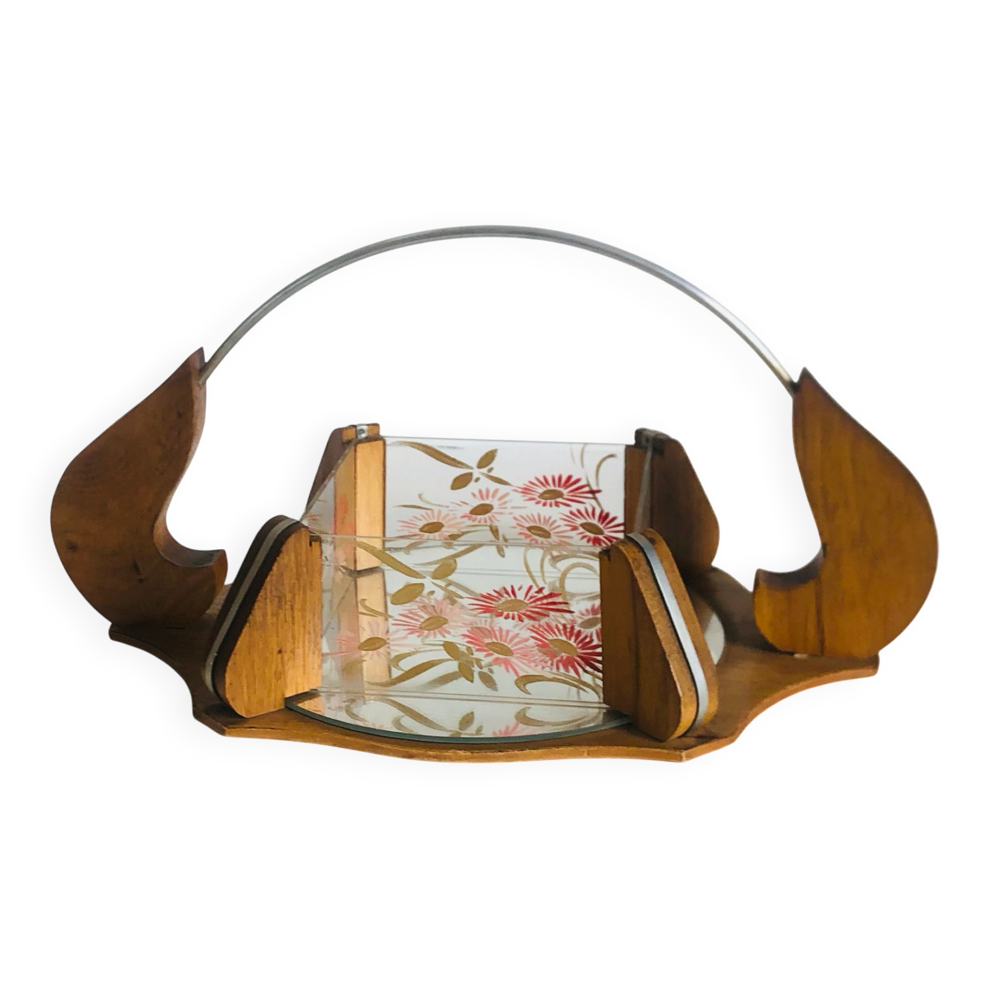 Vintage painted glass tray, wood and mirror