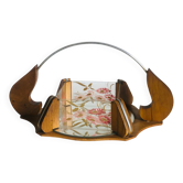 Plateau vintage en verre peint, bois et miroir