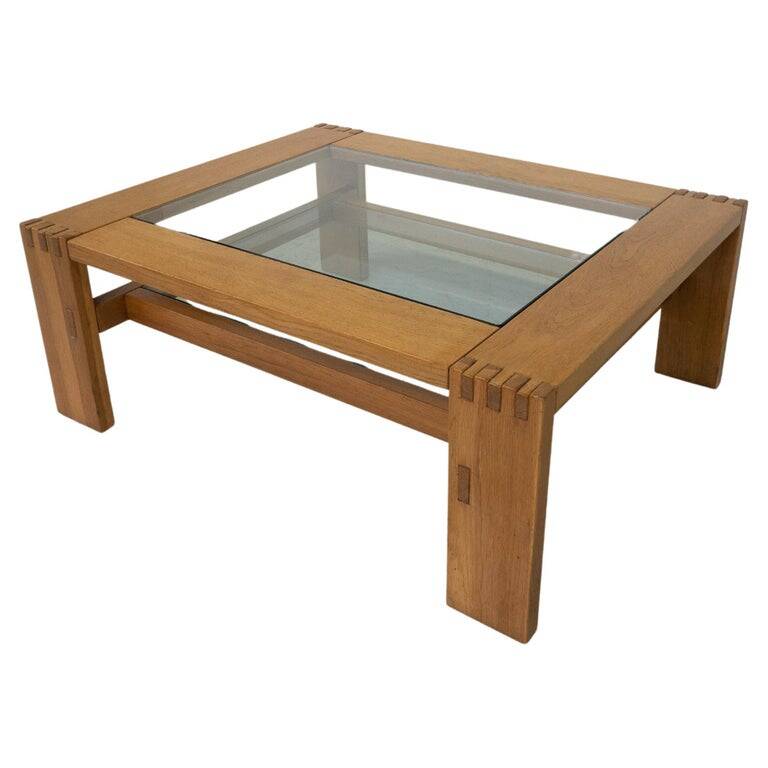 Mid-Century Modern Coffee Table by Guiseppe Rivadossi, Wood and Glass, Italy, 1970s