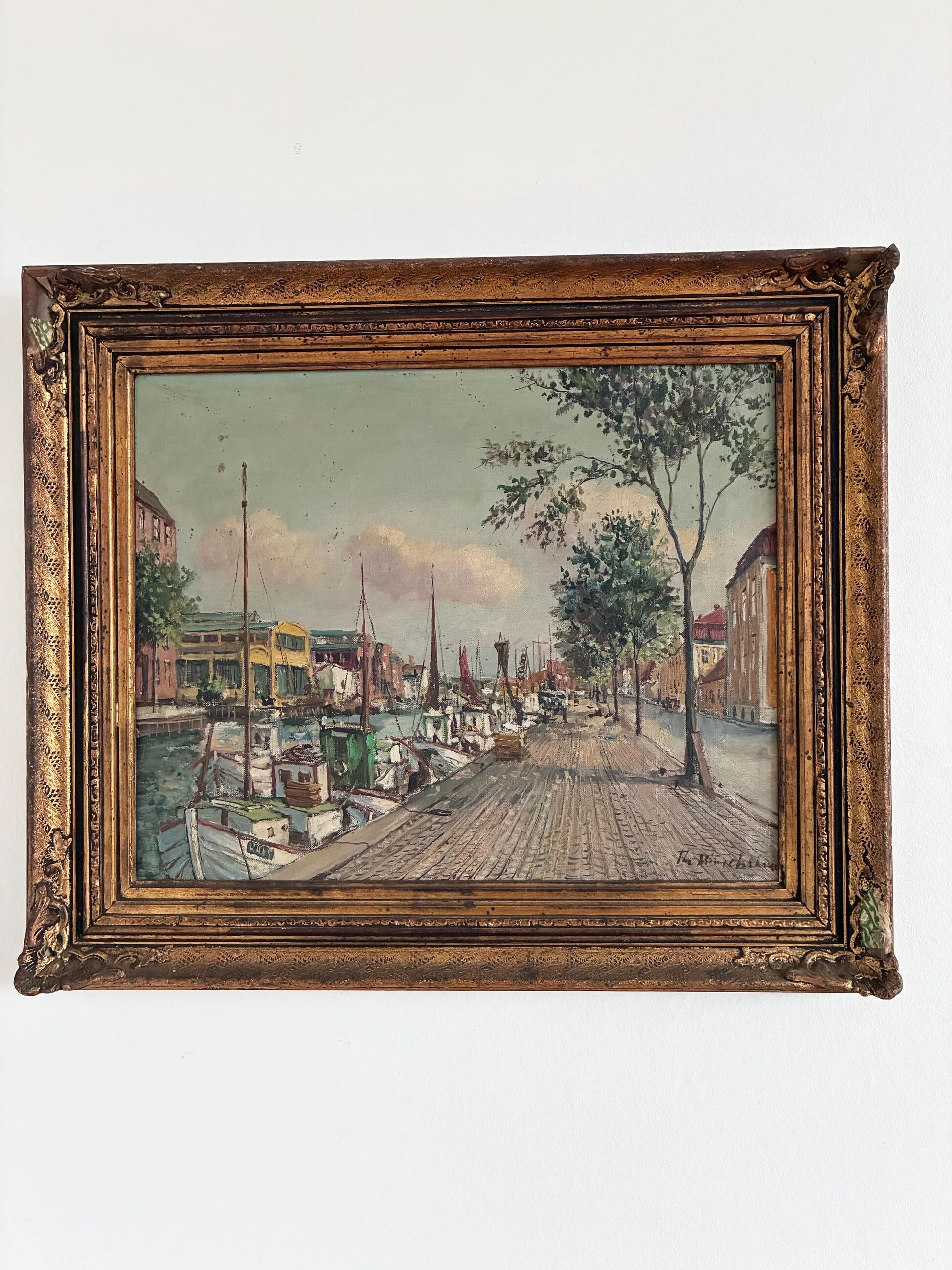 Vintage original Scandinavian harbor oil painting