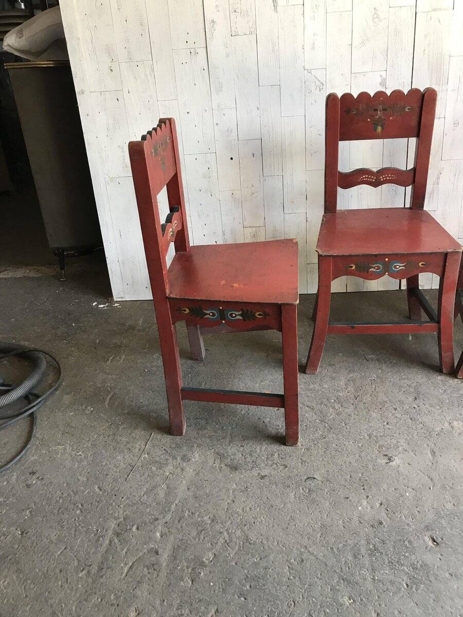 Lot de 4 chaises anciennes en bois peint marron pour salle à manger, décor floral peint main