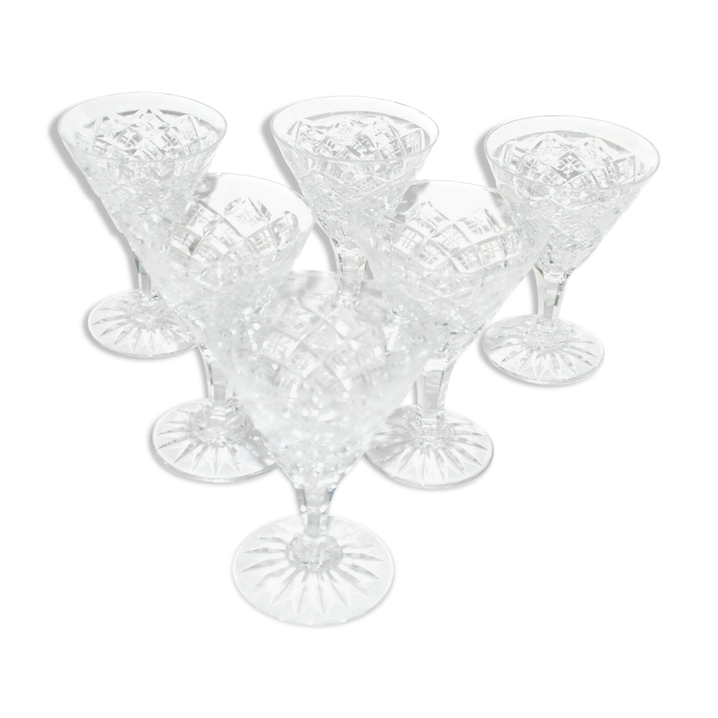 Series of 6 glasses with port on conical stand in cut crystal