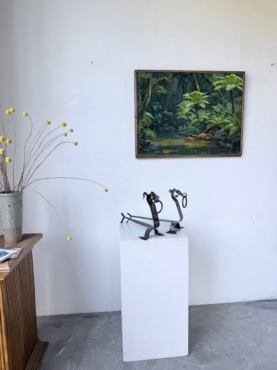 Pair of zoomorphic metal andirons "dogs" 1950