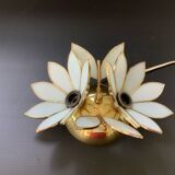 Pair of Hollywood Regency flower sconces in white glass and brass. Italy