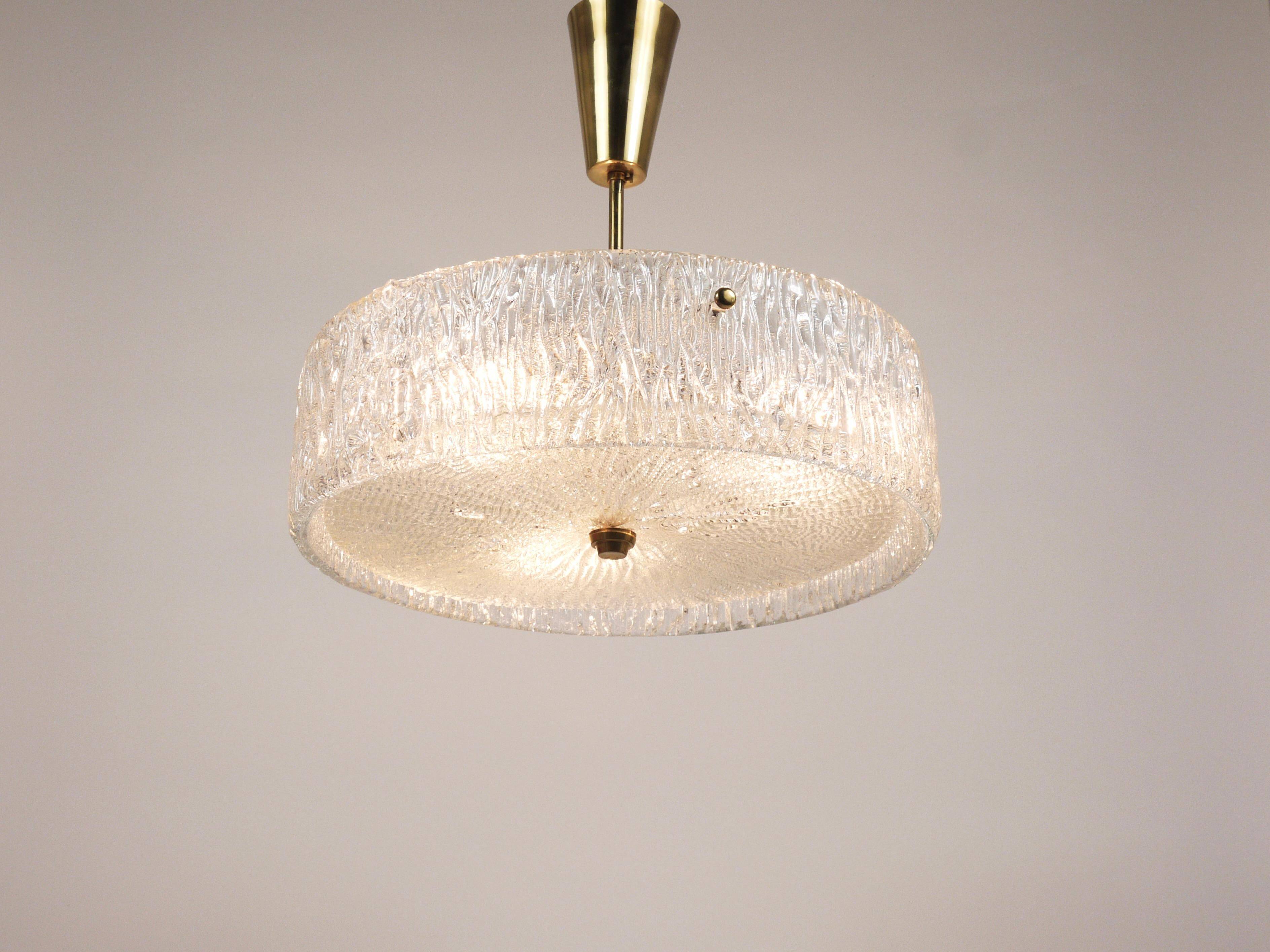 J.T. Kalmar Lustre pendant light in brass and textured glass, 1950s