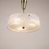 J.T. Kalmar Lustre pendant light in brass and textured glass, 1950s