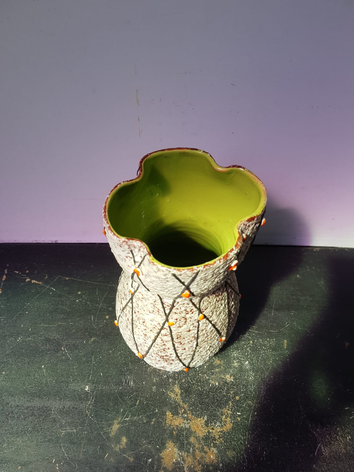 Ancient ceramic vase grey decor black, orange interior vintage green