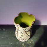 Ancient ceramic vase grey decor black, orange interior vintage green