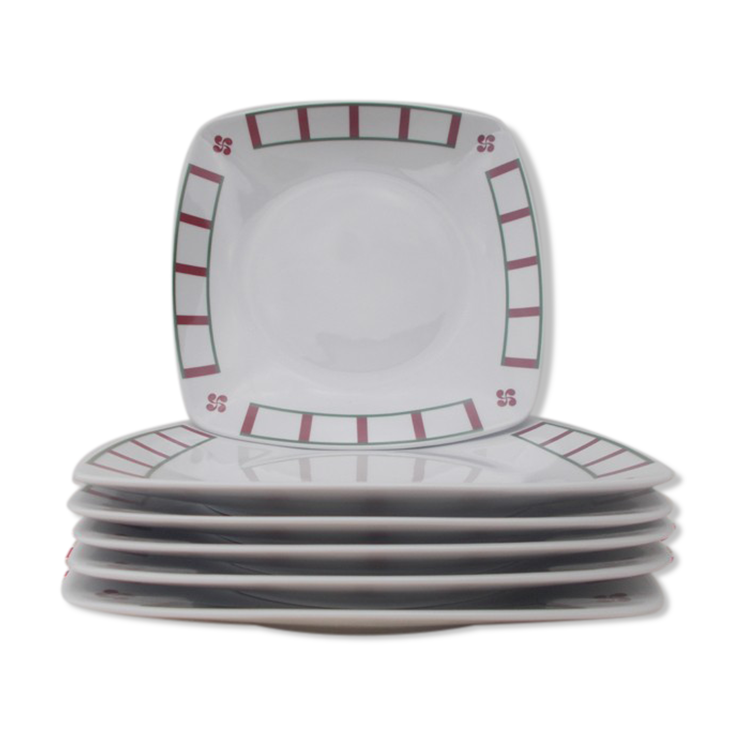 Set of basque porcelain green and red plates with 1 oval dish