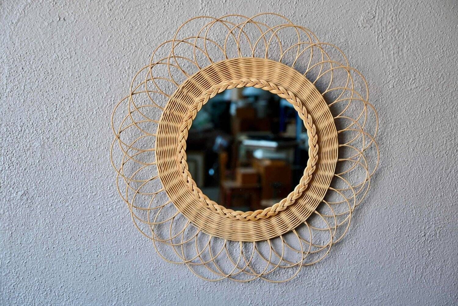 Round woven rattan wall mirror flower sun bohemian 80s signed Dillense