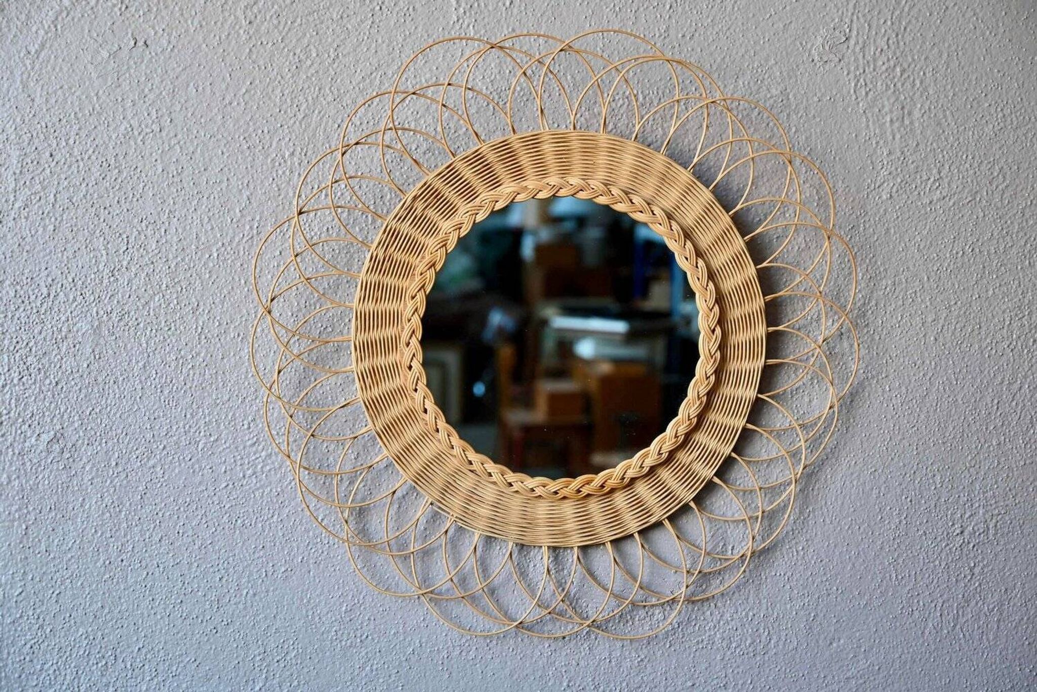 Round woven rattan wall mirror flower sun bohemian 80s signed Dillense