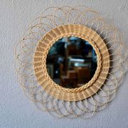 Round woven rattan wall mirror flower sun bohemian 80s signed Dillense