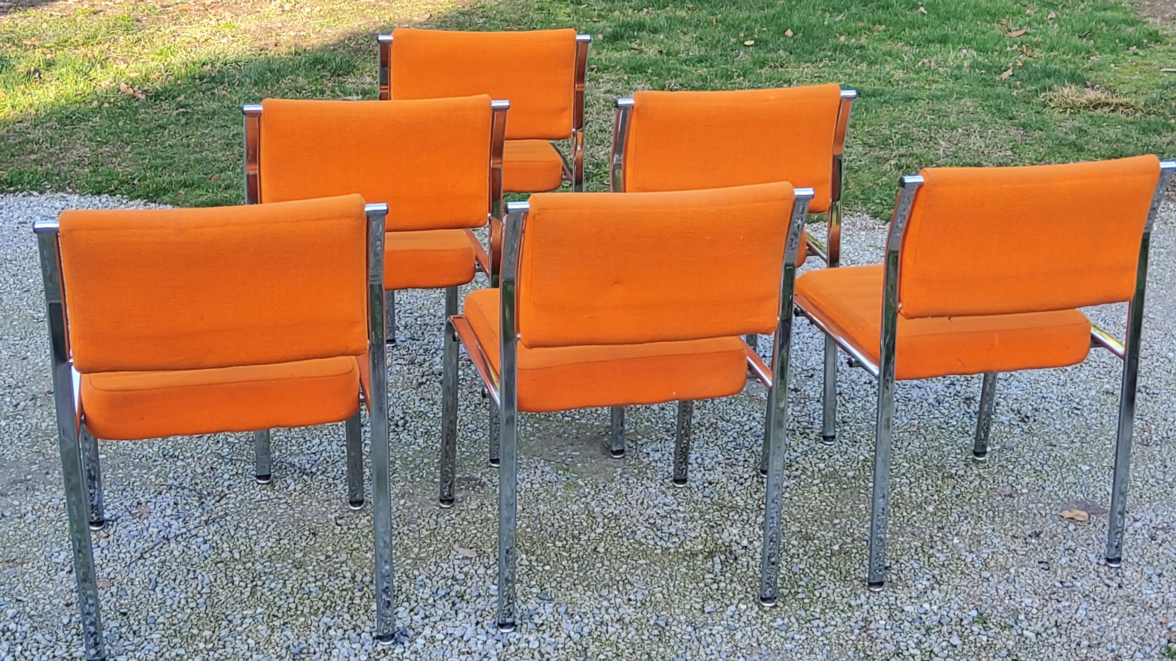 Set of 6 designer chairs from the 70s orange fabrics and chrome tubes