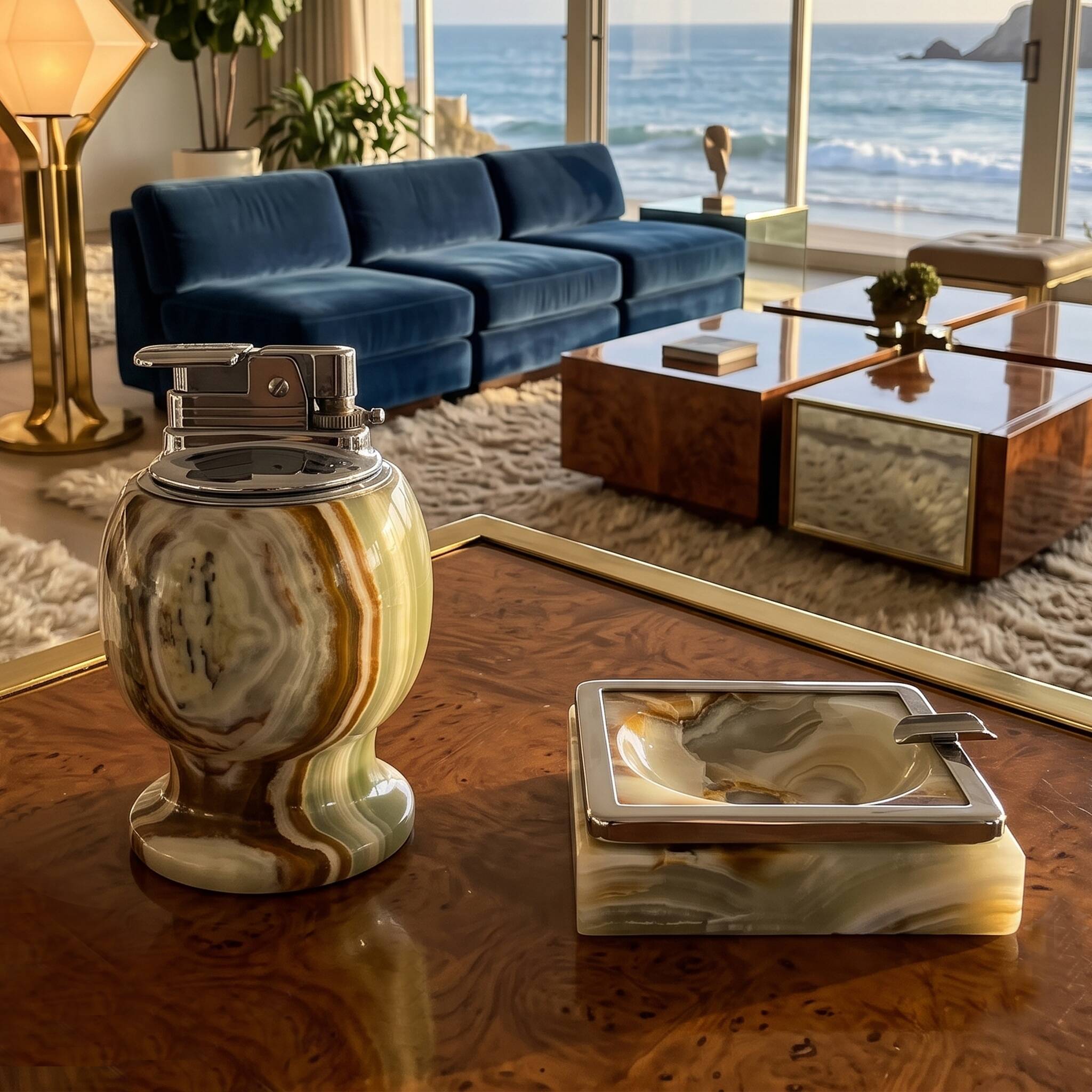 1960s mid-century modern Italian onyx smoking set with table lighter & ashtray