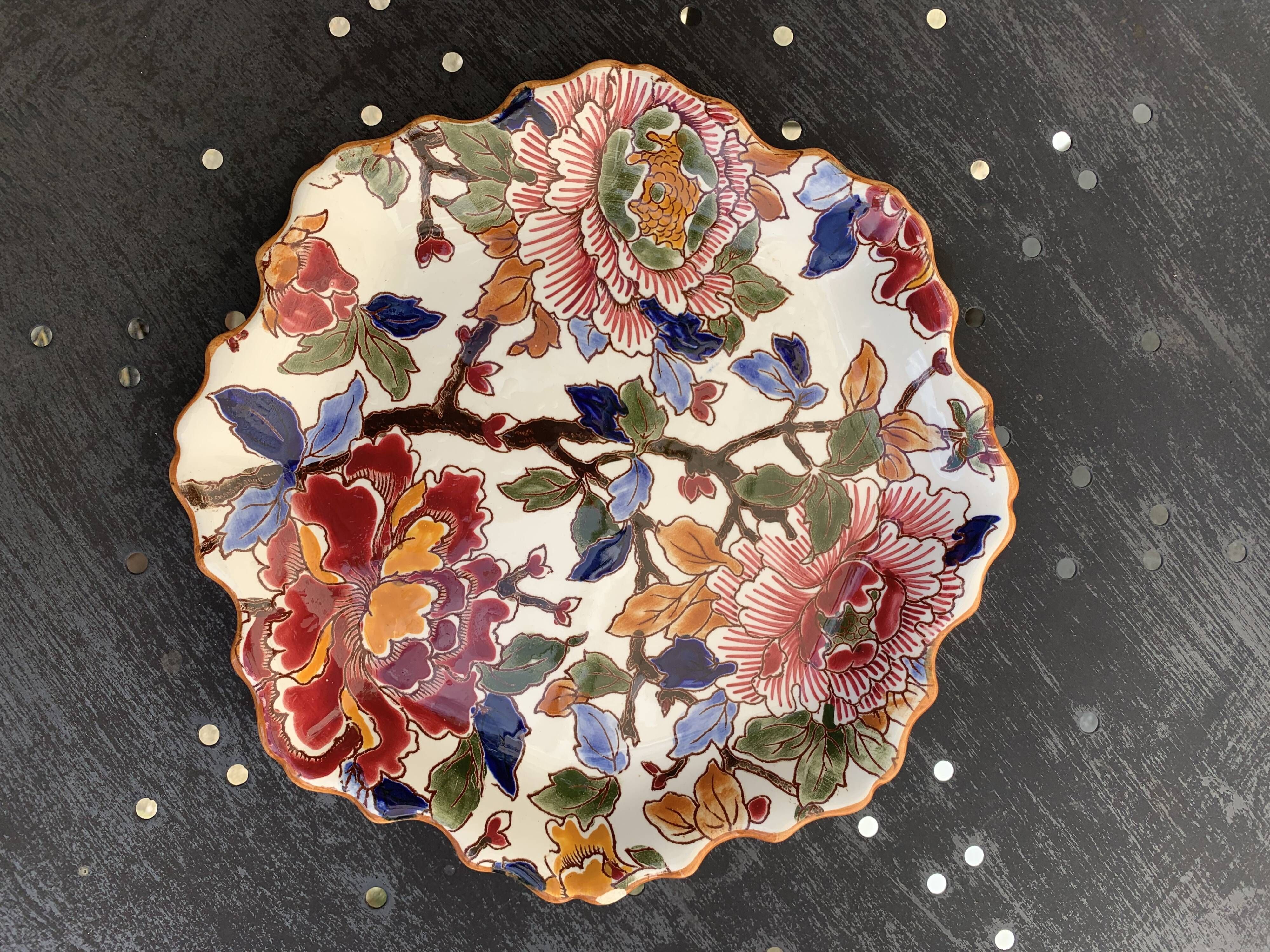 Collection plate gien france peonies, hand painted, vintage