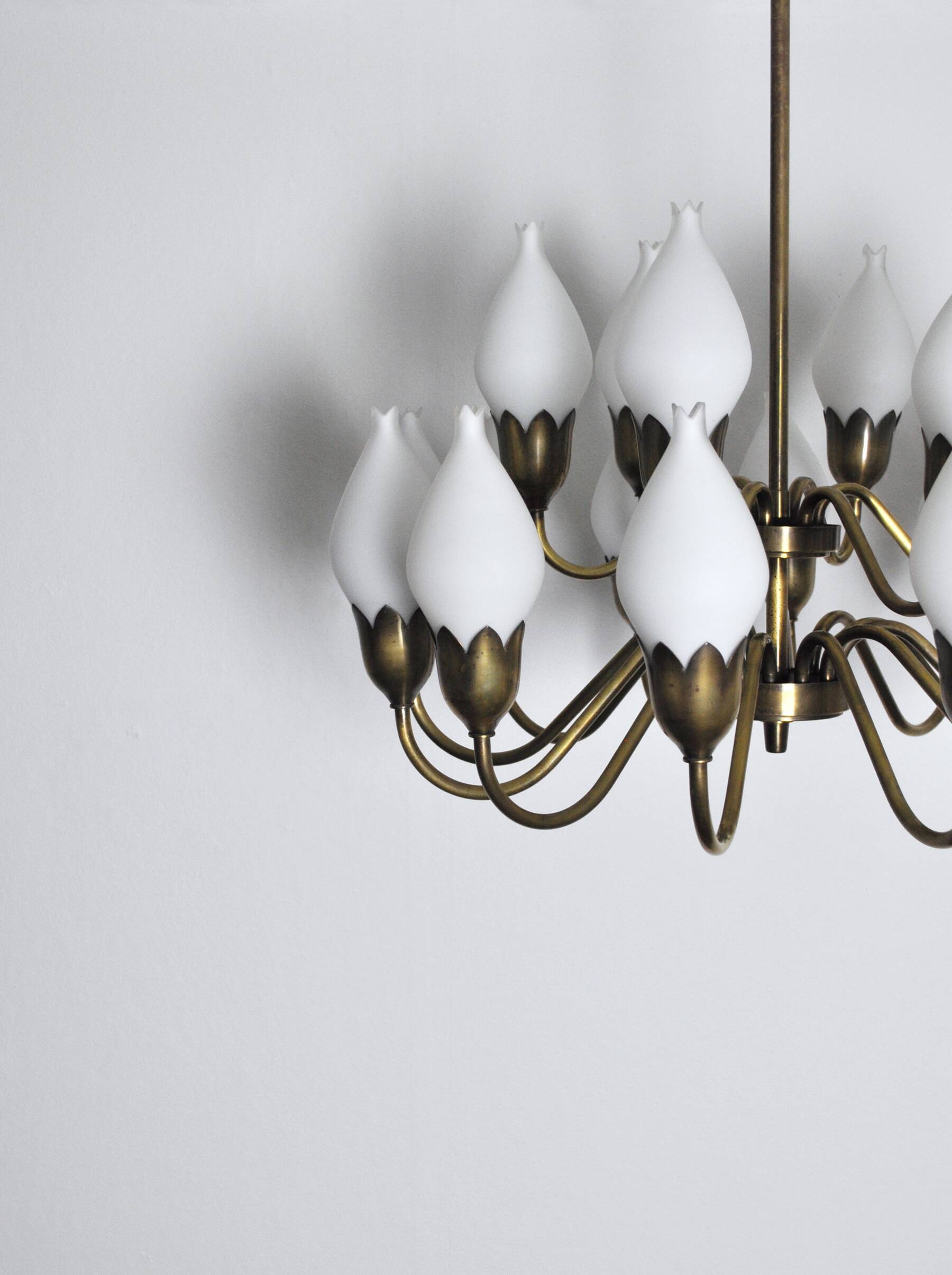 Fog & Mørup 18-Arm Brass and Opaline Glass Tulip Chandelier