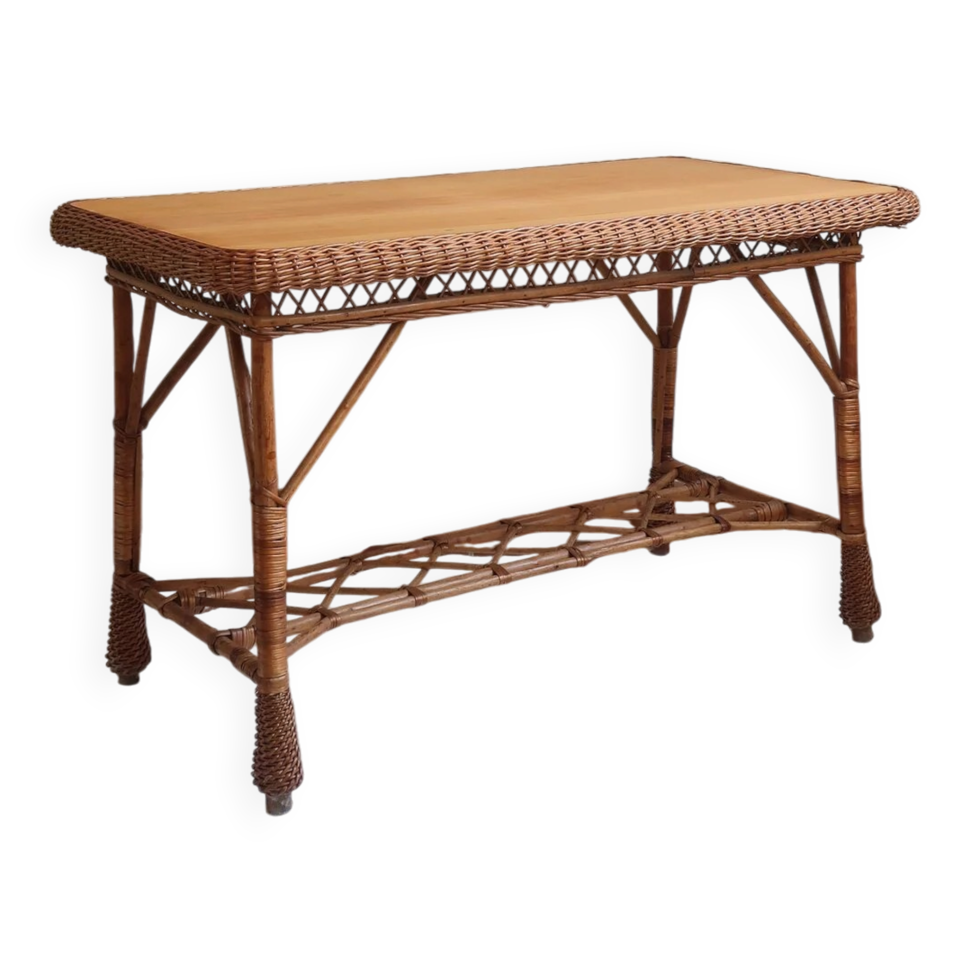 Table à manger en rotin et osier, plateau en hêtre, années 60