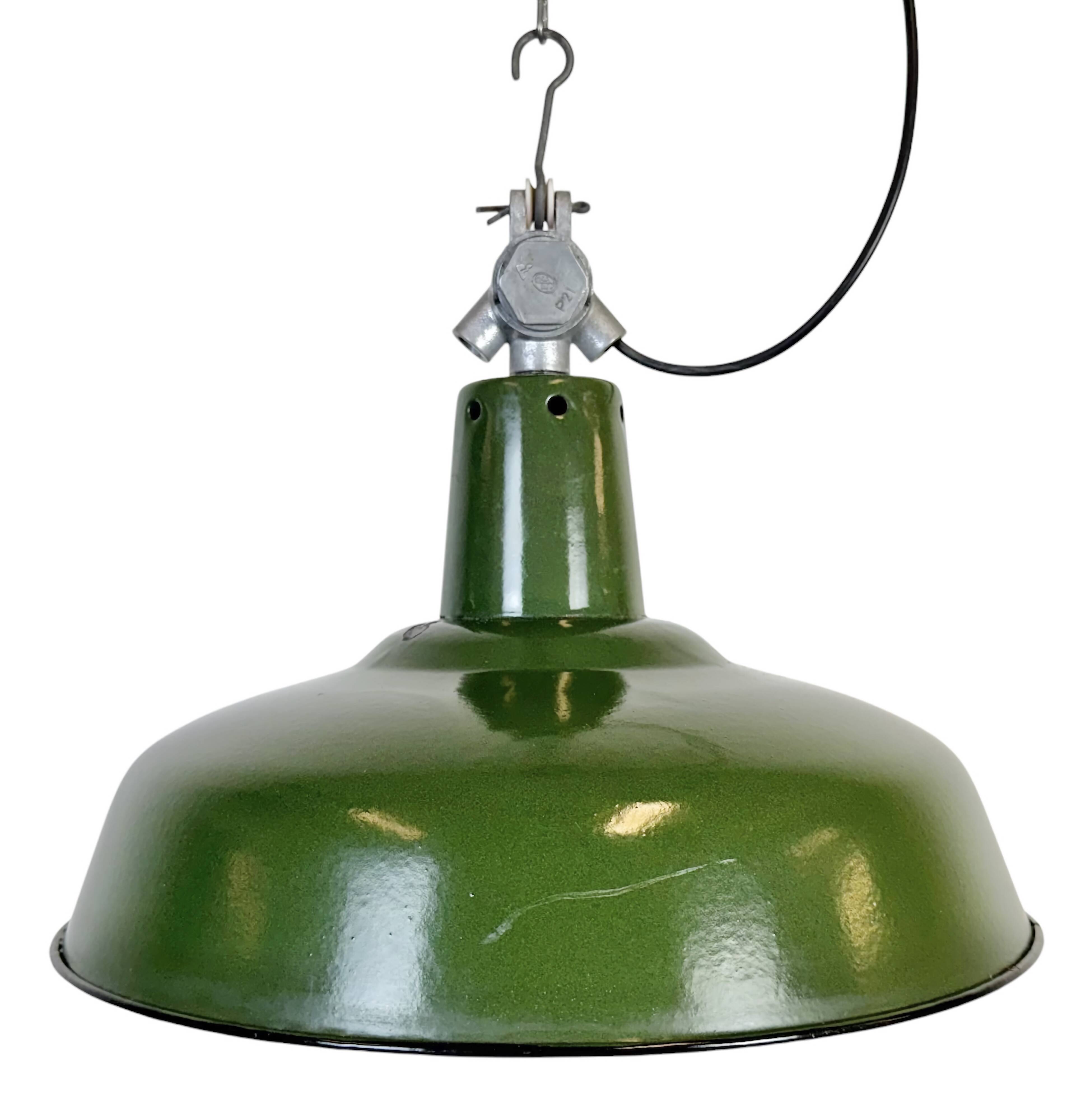 Industrial French Green Enamel Factory Pendant Lamp, 1960s