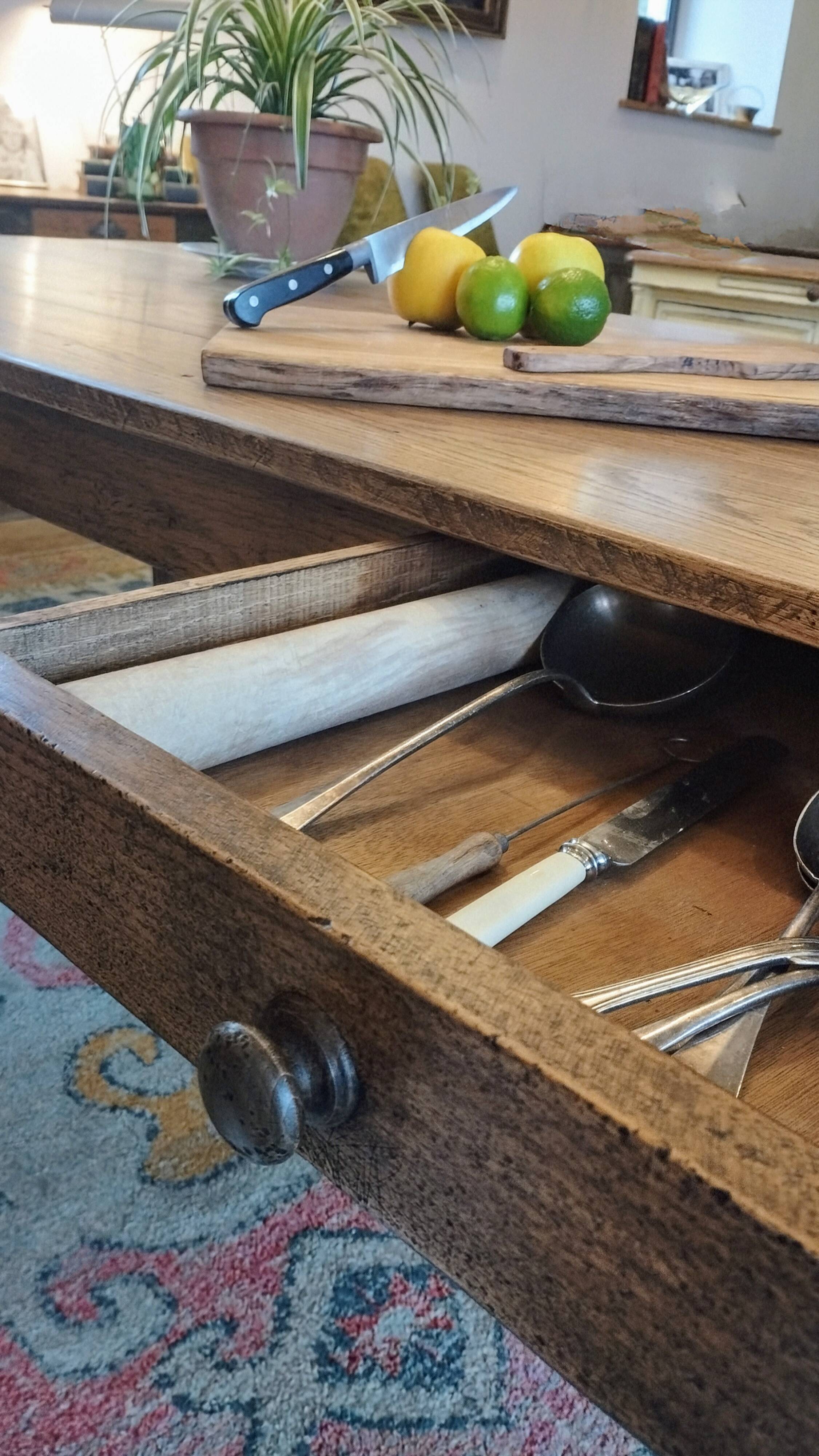 XXL solid oak farmhouse table 260x100 patinated two drawers