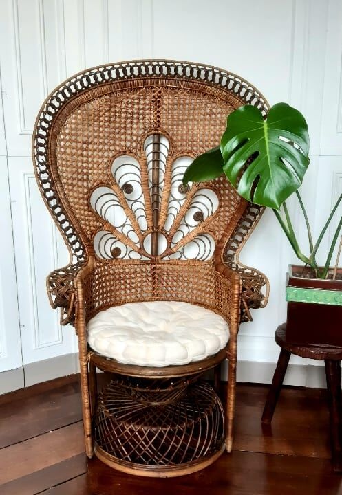 Peacock rattan armchair, circa 1960