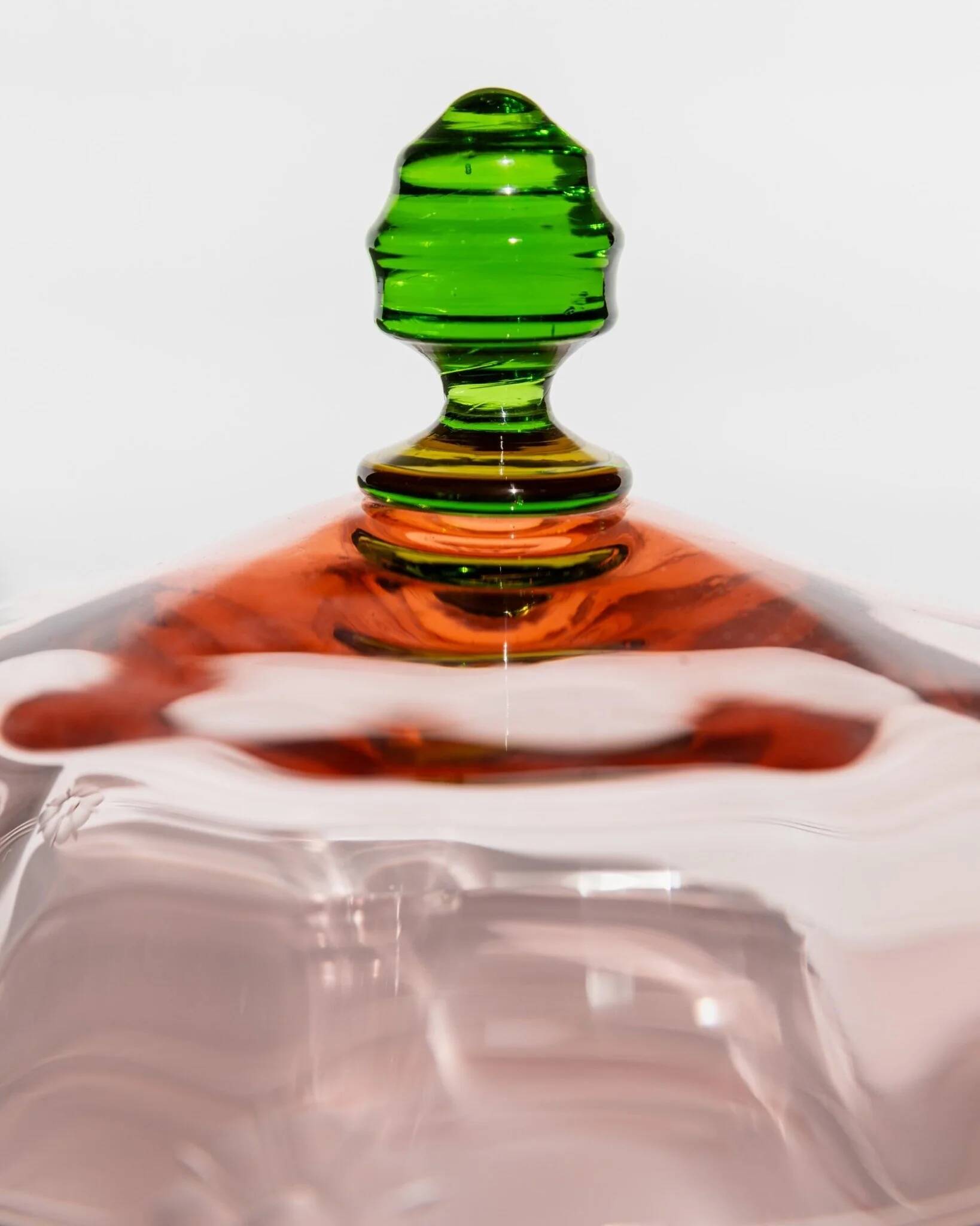 Pink Glass Cloche with Green Finial on Plate – 1930s Italian Vintage Glass Tableware