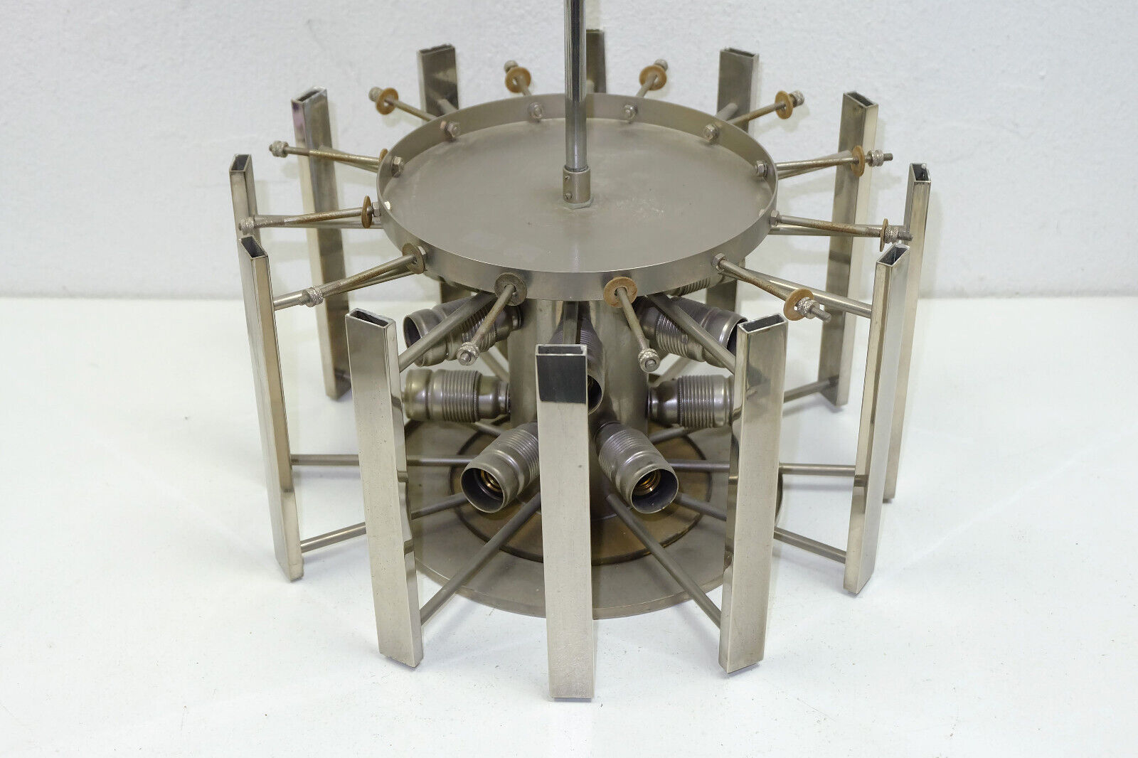 1960s kaiser mid century CHANDELIER chrome hanging light with 12 glass tubes