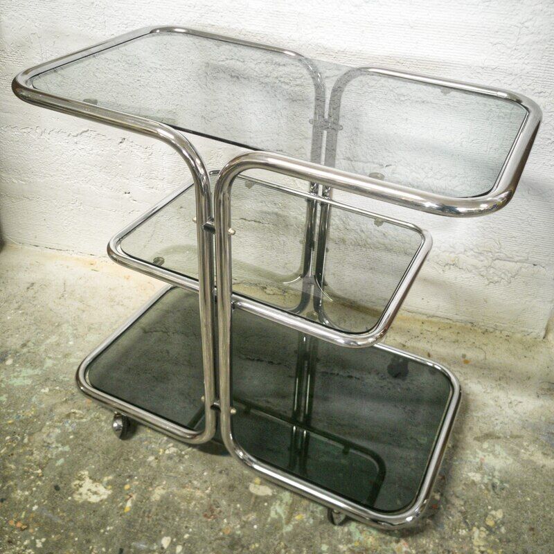 Chrome rolling table and smoked glass