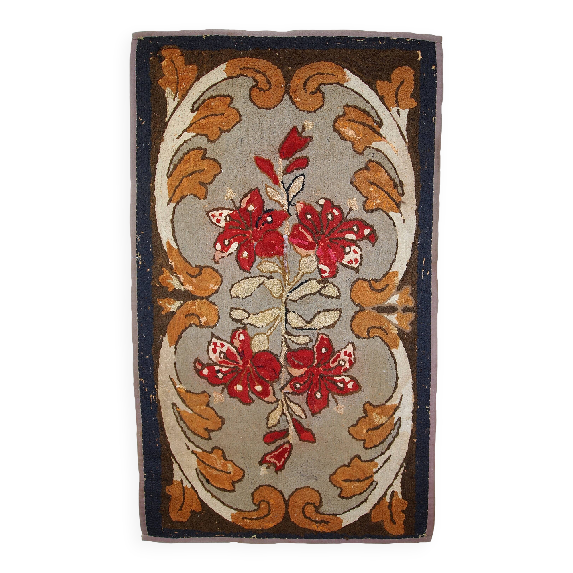 Tapis Hooked Antique Américain, Début XXe Siècle, Motifs Floraux