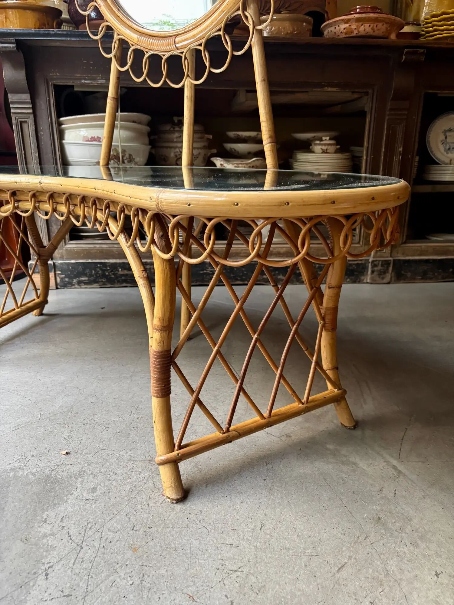 Bamboo, rattan and mirror dressing table with lighting in the style of Audoux-Minet, 1960s.